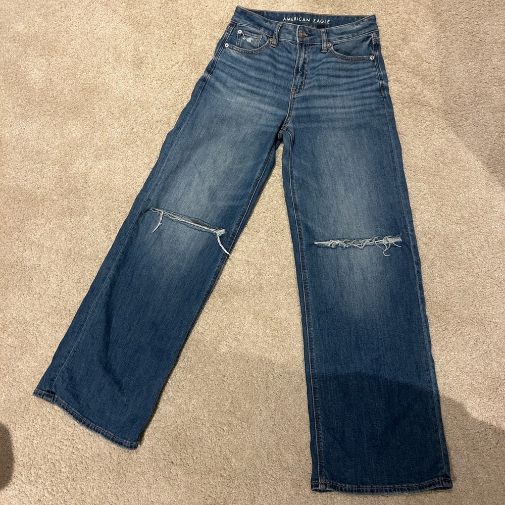 AE Dreamy Drape Stretch Ripped Super High-Waisted Baggy Wide-Leg Jean